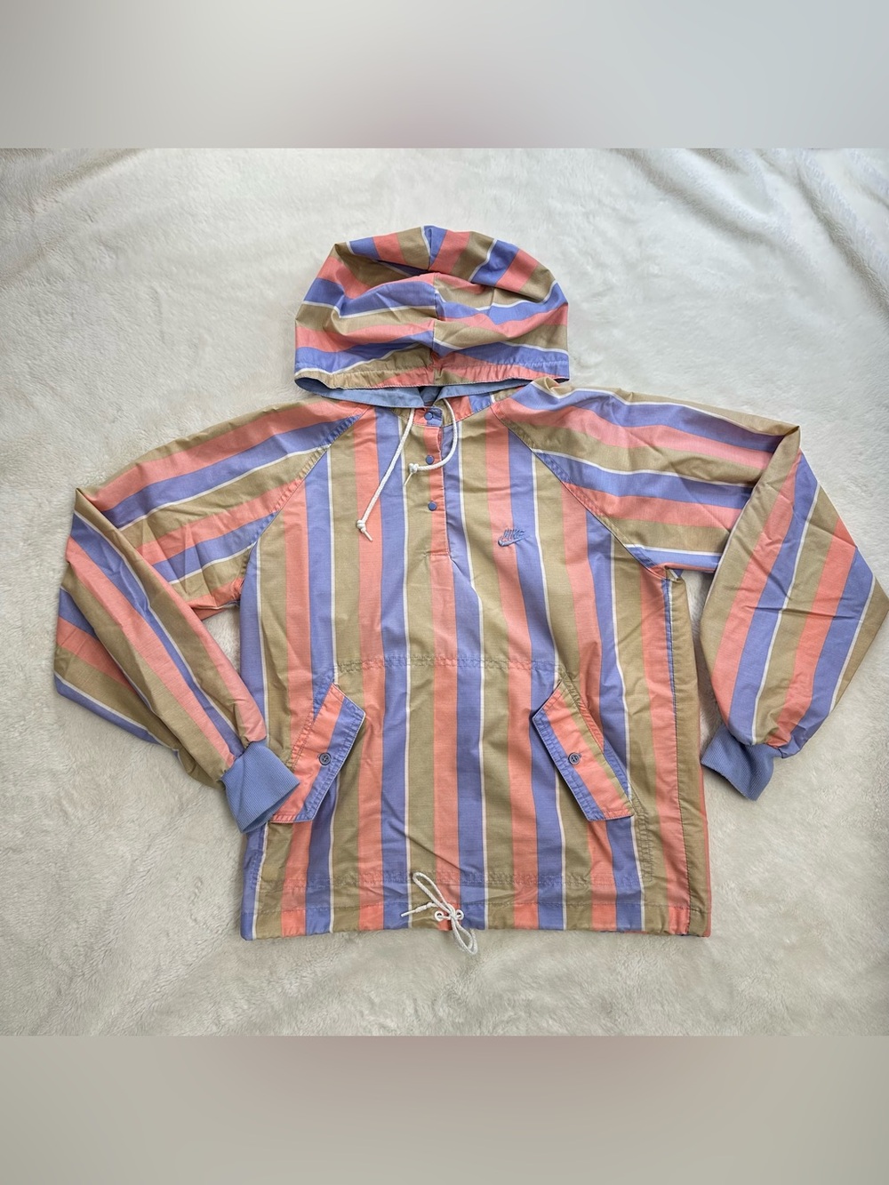 Vintage 80s Nike Awning Stripe Hooded Anorak Jacket Blue Label - Size Medium